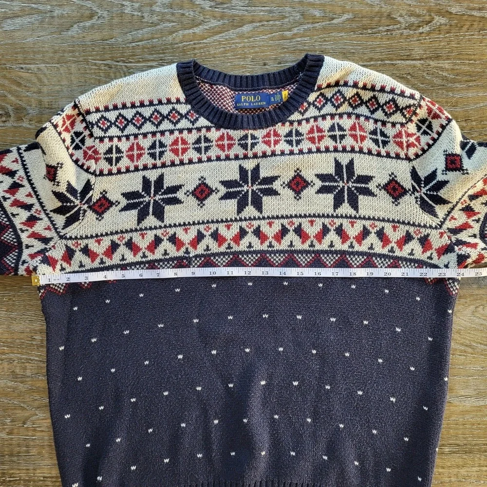 Polo Ralph Lauren Mens XL Fair Isle Snowflake Knit Sweater Navy Blue Red Cotton